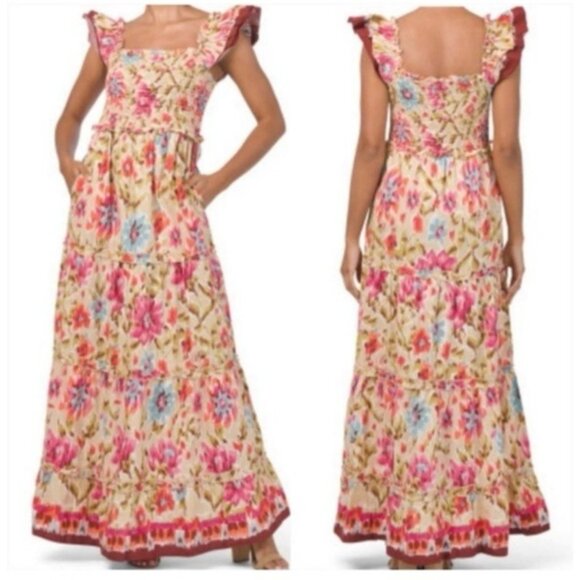 House of Harlow M Medium Tiered Maxi Dress Colorful Ruffled Smocked - Picture 1 of 12
